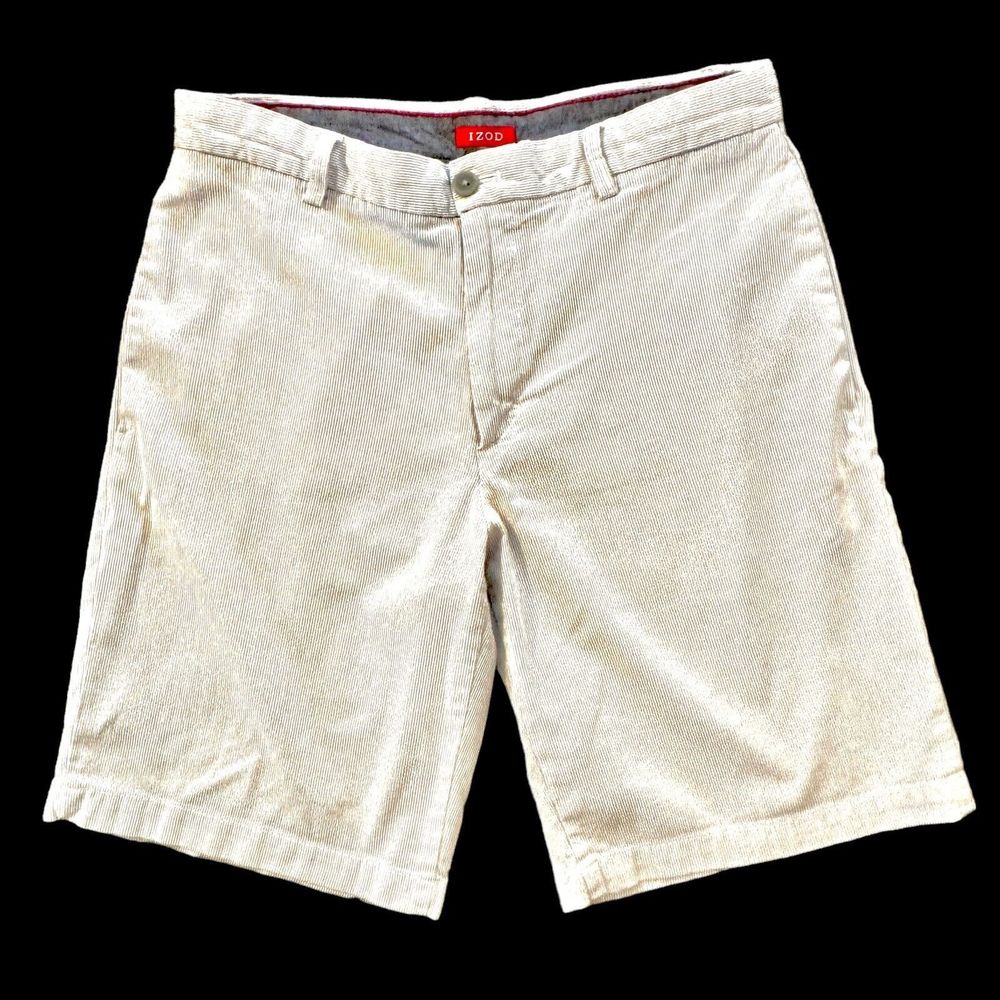 IZOD Mens Sandy Bay Shorts 32x10 Cool Seersucker Flat Front Tan/Ivory Stripe